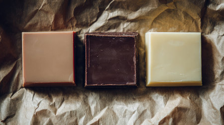 This image showcases three assorted handmade soaps resting on crumpled brown paper, highlighting the natural textures and colors that embrace eco-friendly living.の素材