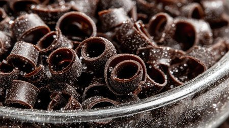 A stunning close-up image of rich chocolate curls elegantly arranged in a glass bowl, accentuated by a delicate dusting of fine sugar. Perfect for dessert presentations.の素材