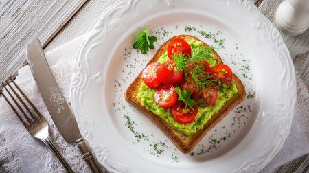 Enjoy a vibrant dish of fresh avocado toast topped with cherry tomatoes and herbs served on a rustic plate, perfect for a healthy breakfast or snack.の素材