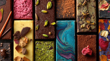 This vibrant assortment of gourmet chocolate bars showcases an array of flavors and toppings, perfect for special occasions or everyday indulgence.の素材