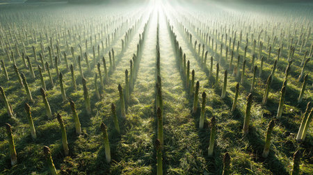A serene asparagus field captured in the misty morning light, showcasing orderly rows of green plants illuminated by soft sunlight, emphasizing organic farming beauty.の素材