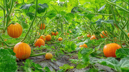 A vibrant pumpkin patch showcases bright orange pumpkins nestled among lush green foliage, highlighting the beauty of agricultural abundance and seasonal growth.の素材