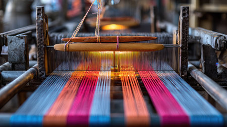 Experience the intricate process of textile weaving as colorful threads intertwine on a traditional loom, showcasing the beauty of handmade craftsmanship.の素材
