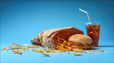 A mouthwatering fast food spread featuring a burger, crispy fries spilling from a paper bag, and a refreshing cold beverage with a straw, set against a vibrant blue background.の素材