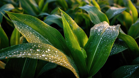 Close-up view of vibrant green leaves adorned with dew drops, capturing the beauty of nature under morning light, showcasing freshness and detail.の素材