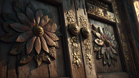 This image showcases a beautifully crafted wooden door featuring intricate floral carvings and antique handles, highlighting exquisite craftsmanship and design elegance.の素材