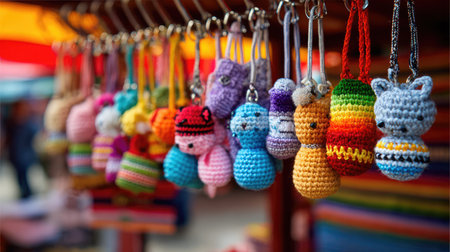 A vibrant display of handmade crochet keychains featuring various adorable characters, showcased at a market. Perfect for gifts or personal use.の素材
