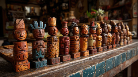 A collection of handcrafted wooden totem statues brightly colored and uniquely designed, showcasing the artistry of traditional craftsmanship in a rustic setting.の素材