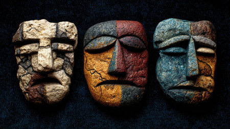 This image showcases three artistic stone masks, each with unique textures and colors, arranged on a dark background, highlighting creativity and cultural heritage.の素材
