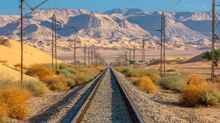 This stunning image captures a railway track winding through a serene desert landscape, with majestic mountains in the background and a clear blue sky overhead.の素材