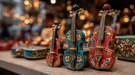 This image showcases a charming arrangement of colorful miniature violins on a wooden table, surrounded by a vibrant craft market atmosphere, evoking a sense of nostalgia and creativity.の素材