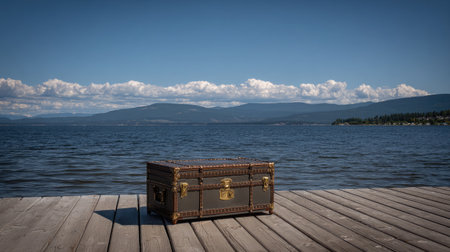 An antique treasure chest rests on a wooden dock beside a tranquil lake, surrounded by majestic mountains and a vibrant blue sky. Perfect for themes of adventure and exploration.の素材