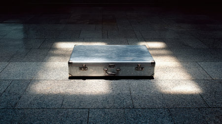 A stunning image featuring a metallic silver briefcase resting alone on a textured stone floor, illuminated by bright sunlight. The contrasting dark background evokes a sense of mystery and solitude.の素材