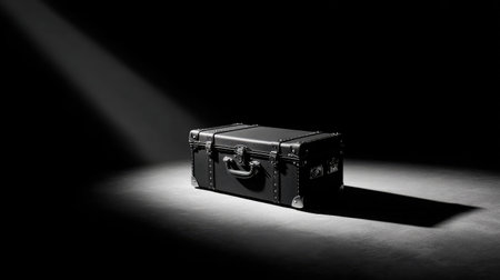 A striking black vintage suitcase illuminated by a dramatic spotlight, creating a captivating contrast against a dark background, offering a minimalist aesthetic perfect for artistic and travel-themed projects.の素材