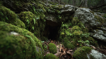 The image captures a lush, green landscape surrounding a hidden cave entrance, bringing out the beauty of nature's untouched wilderness. Moss covers rocks and ground, creating a tranquil and mysterious atmosphere perfect for exploration.の素材