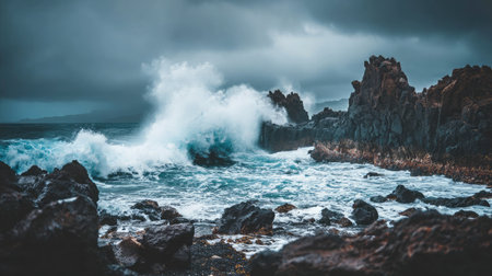 This captivating seascape captures turbulent ocean waves crashing against rugged rocks on a cloudy day. The dramatic interplay of water and stone highlights nature's raw power.の素材