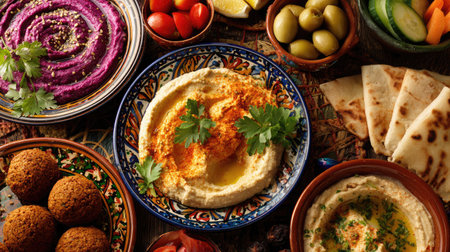 A beautiful assortment of Middle Eastern dishes featuring creamy hummus, crispy falafel, fresh vegetables, and warm pita bread, ideal for gatherings.の素材