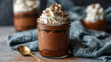A luxurious chocolate dessert presented in a glass jar, topped with whipped cream and delicate chocolate shavings, perfect for any occasion.の素材