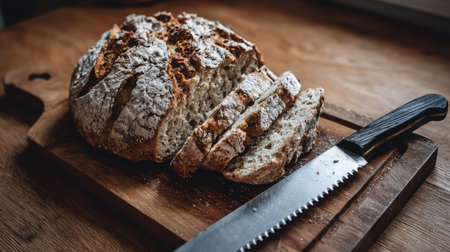 A beautiful display of freshly baked artisan bread, sliced on a rustic wooden cutting board with a knife, perfect for culinary photography and food styling.の素材