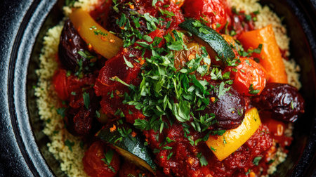 A vibrant bowl of Mediterranean couscous topped with fresh vegetables and herbs showcases a delicious and healthy meal choice perfect for any occasion.の素材