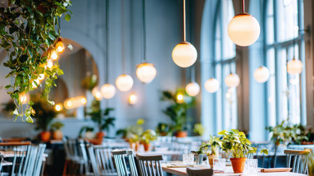 A stylish and modern restaurant interior featuring warm lighting, elegant decor, and vibrant greenery that creates a cozy atmosphere for dining.の素材