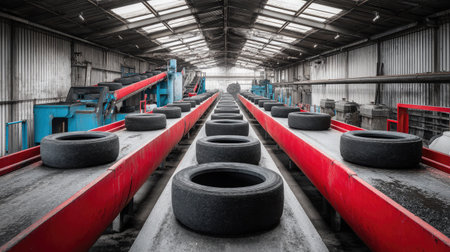 A modern industrial tire recycling facility features conveyor belts meticulously organized for processing old tires, promoting sustainable waste management practices.の素材
