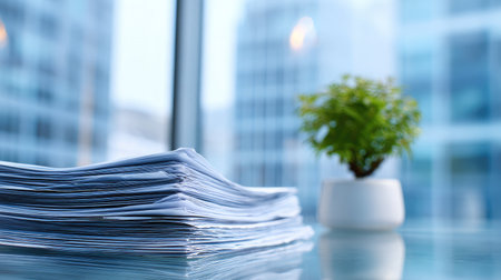 A neatly stacked pile of documents rests on a polished table in a modern office, complemented by a small potted plant, creating a serene and organized workspace.の素材