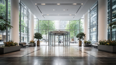 A sophisticated lobby showcasing modern architecture with expansive glass walls, stylish seating, vibrant greenery, and a serene atmosphere in an urban setting.の素材