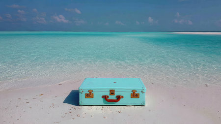 A vintage suitcase rests on soft white sand, surrounded by stunning turquoise waters under a partly cloudy sky, ideal for depicting travel and adventure.の素材