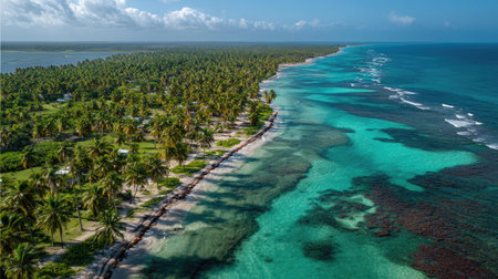 Breathtaking aerial view showcasing a tropical beach adorned with palm trees and turquoise water, perfect for vacationers seeking tranquility.の素材