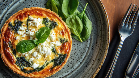 A beautifully presented slice of spinach quiche topped with cheese, served on a rustic plate with fresh spinach leaves. Perfect for any meal.の素材