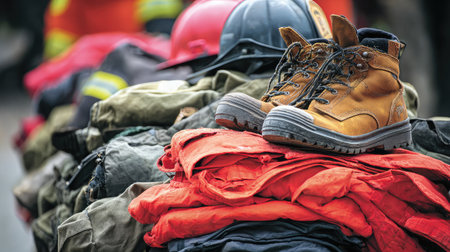 A close-up image showcasing essential firefighter gear, including sturdy boots, helmets, and vibrant clothing, emphasizing safety and teamwork in emergency services.の素材