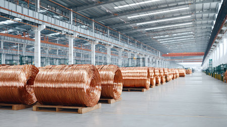 This image captures an industrial warehouse featuring neatly arranged copper wire spools. The modern architecture and bright lighting enhance the workspace's organized and efficient atmosphere.の素材