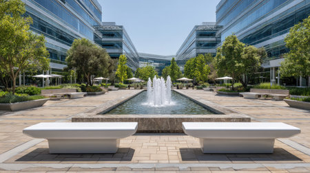 A serene outdoor plaza featuring a vibrant water fountain, lush greenery, and modern benches, ideal for relaxation in an urban setting.の素材