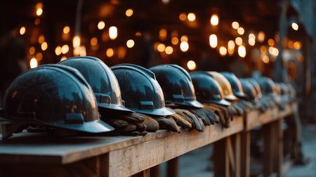 This image captures a row of safety helmets and gloves on a wooden table at a construction site, illuminated by warm ambient lights, symbolizing readiness and workplace safety.の素材