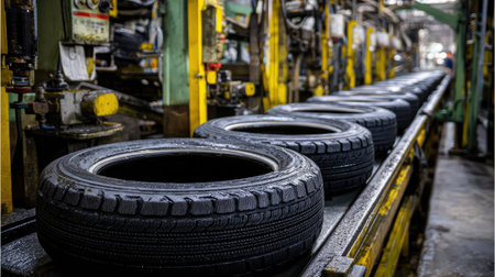 A view of the tire manufacturing process in an industrial factory showcasing the assembly line, modern equipment, and quality production techniques.の素材