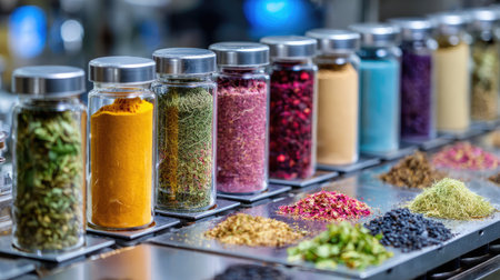 A vibrant assortment of spices and herbs displayed in clear glass jars showcases a variety of colors and textures, perfect for culinary inspiration.の素材