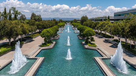 This image captures a scenic view of elegant water fountains surrounded by lush green trees in a tranquil urban park. The clear blue sky dotted with fluffy white clouds enhances the serene atmosphere.の素材