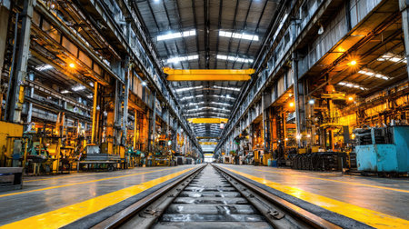 This photo captures the vast interior of an industrial warehouse featuring railway tracks, overhead cranes, and vibrant lighting, showcasing a busy manufacturing environment.の素材