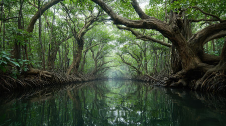 This stunning image captures a serene mangrove forest scene, featuring twisted roots and calm waters reflecting the vibrant greenery, creating a tranquil atmosphere.の素材