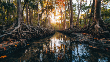 A serene river flows through a lush mangrove forest, showcasing vibrant autumn foliage and captivating reflections on the water surface.の素材