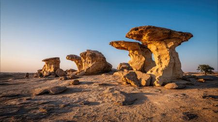 Stunning view of unusual rock formations at sunset in a serene desert landscape, showcasing the beauty and ruggedness of nature's artistry.の素材