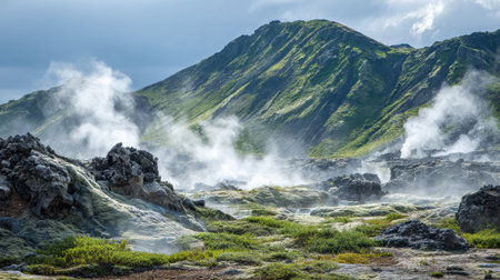 Explore a captivating geothermal landscape in Iceland, featuring steam rising from rocky terrain, lush greenery, and stunning mountain views beneath a dramatic sky.の素材