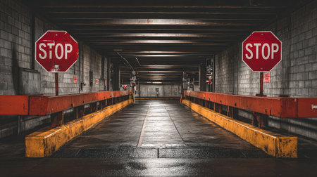 This image features a dark industrial parking garage with prominent stop signs and wet reflections on the floor. The atmosphere conveys an urban and modern setting.の素材