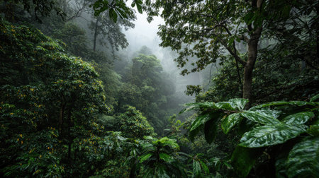 Immerse yourself in this stunning tropical rainforest scene featuring rich greenery and a mystical atmosphere. The dense foliage and mist create a tranquil escape into nature.の素材
