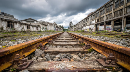 This striking image captures abandoned railway tracks leading toward a derelict factory surrounded by nature. Ominous clouds loom overhead, enhancing the dramatic atmosphere of decay and solitude in an urban landscape.の素材