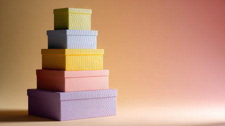 A visually appealing arrangement of colorful stacked gift boxes on a soft gradient background. The boxes feature gentle textures and warm tones, perfect for celebrations.の素材