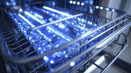 This image showcases the interior of a modern dishwasher featuring illuminated bottles, reflecting a sleek design and advanced cleaning technology for efficient household use.の素材