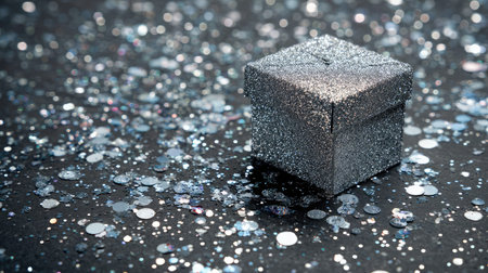 A beautifully designed silver glitter gift box stands out against a backdrop of sparkling confetti. Perfect for celebrations, holidays, and special occasions.の素材
