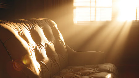 A beautifully lit leather sofa bathed in sunlight showcases a warm and inviting atmosphere, ideal for creating a cozy living space filled with relaxation.の素材